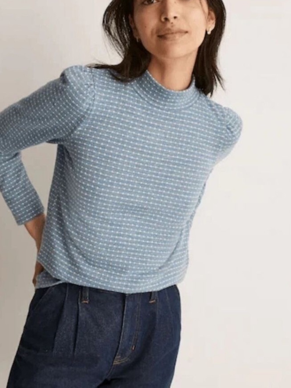 Madewell Jacquard Puff Sleeve Mockneck‎ Top Blue Plus Size 1X Sweater Vibes EUC